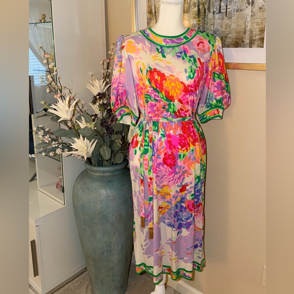 Leopard Silk Blend Italian designer colorful Puff Sleeve Dress